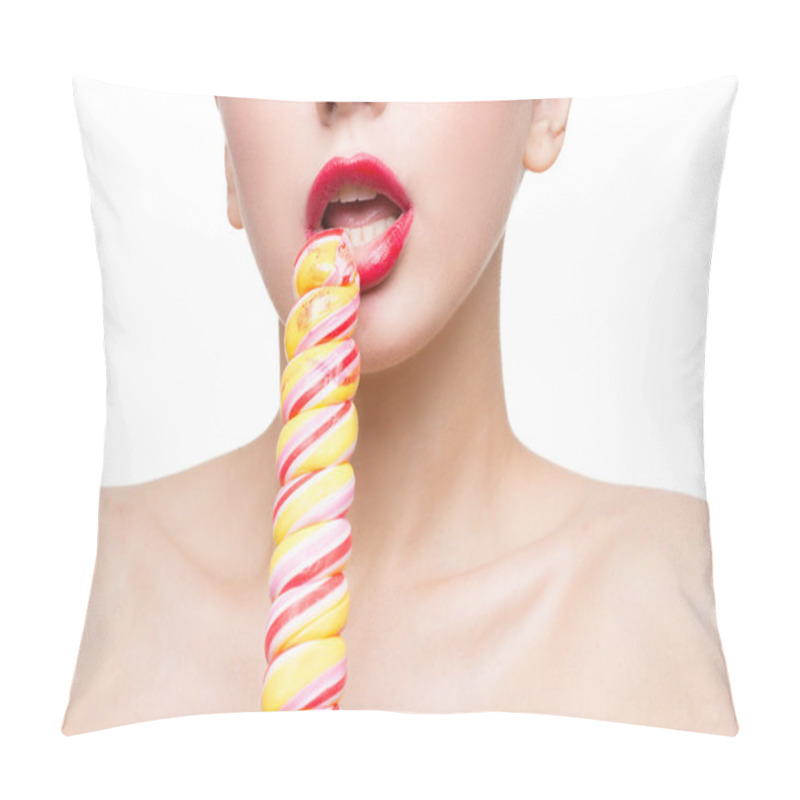 Personality  Close-up Shot Of Womans Mouth Bright Red Lips With Lollipop. Blowjob Simulation Pillow Covers