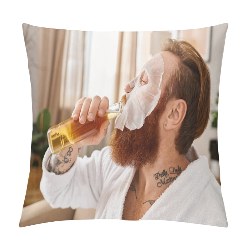 Personality  A Stylish Man With A Beard And White Robe Gracefully Sips From A Glass, Embodying Sophistication And Relaxation. Pillow Covers