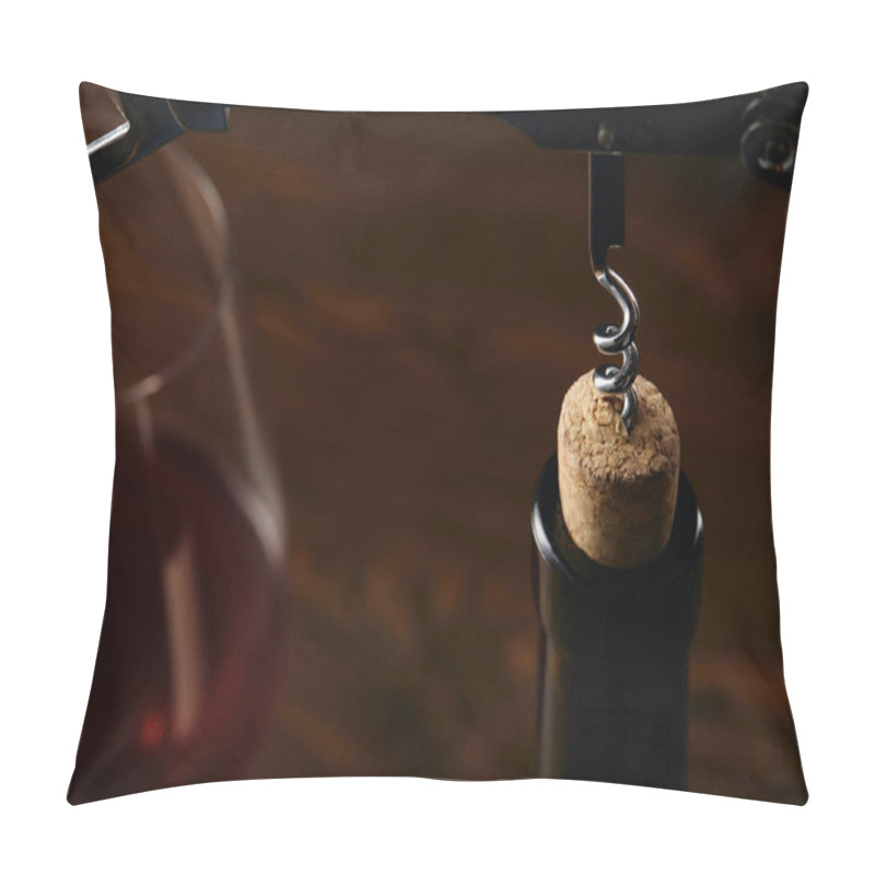 Personality  Bottle With Wooden Cork And Steel Corkscrew On Brown Pillow Covers