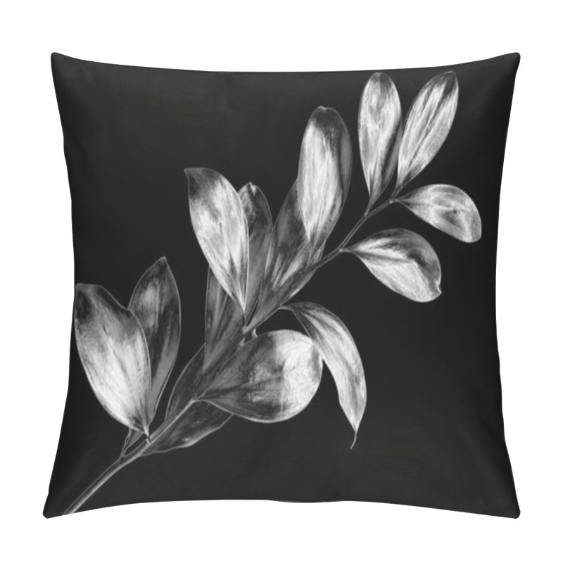 Personality  Silver Leaves Branch On Black Background Isolated Close Up, Decorative Monochrome Tree Sprig, Gray Metal Shiny Plant Leaf, Grey Metallic Foliage Illustration, Floral Design Element, Botanical Symbol Pillow Covers