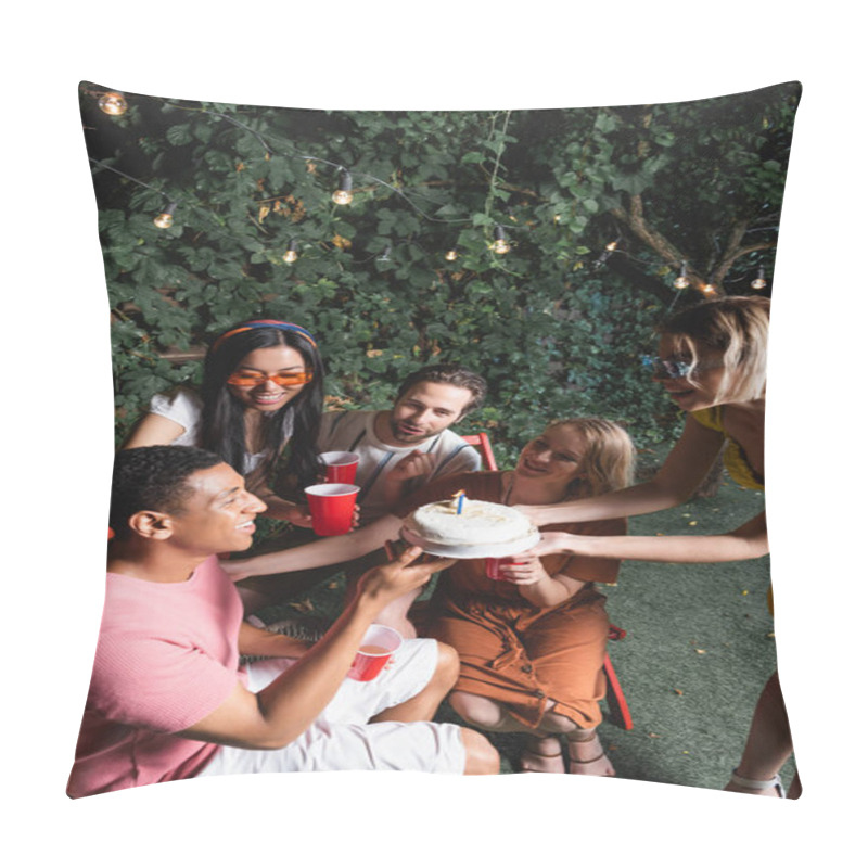 Personality  Cheerful Interracial Friends With Plastic Cups Celebrating Birthday Of African American Man Outdoors  Pillow Covers