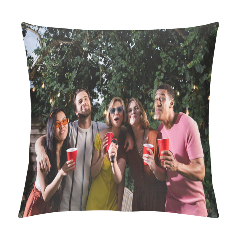 Personality  Cheerful Multiethnic Friends Holding Plastic Cups While Singing Karaoke In Garden At Night Pillow Covers