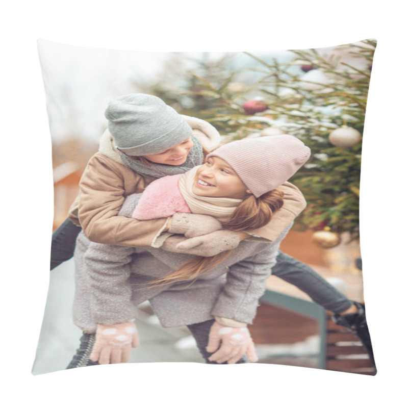 Personality  Adorable Girls Skating On Ice Rink Outdoors In Winter Snow Day Pillow Covers