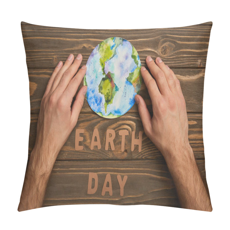 Personality  Partial View Of Woman Holding Planet Picture And Paper Letters On Brown Wooden Background, Earth Day Concept Pillow Covers