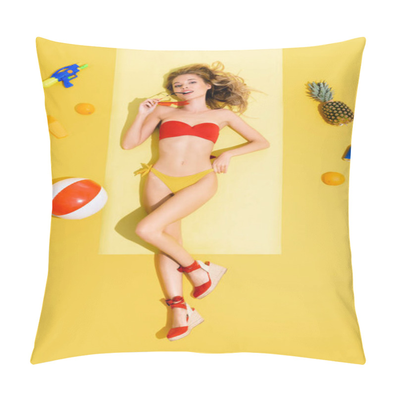 Personality  Top View Of Young Woman Holding Eyeglasses While Relaxing On Beach Mat Near Fruits, Can Of Soda, Inflatable Ball And Water Gun On Yellow Pillow Covers