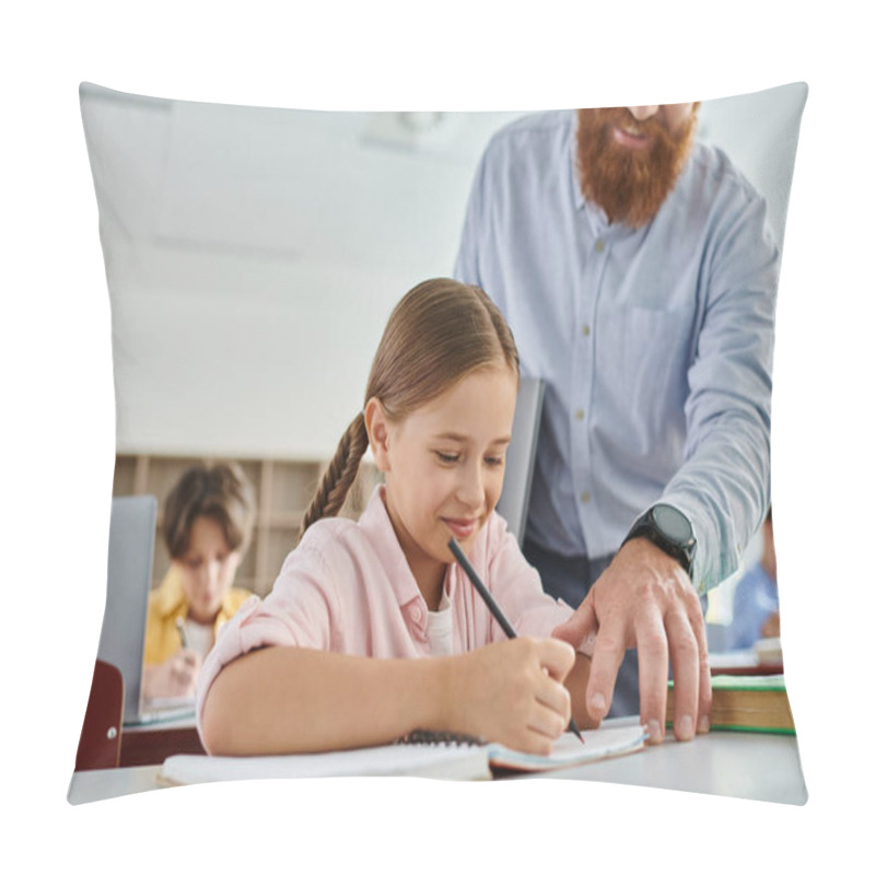 Personality  A Kind Man, Acting As A Teacher, Is Helping A Young Girl With Her Homework In A Bright And Lively Classroom Setting. Pillow Covers