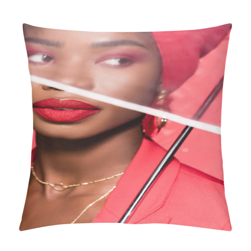 Personality  African American Young Woman In Stylish Outfit And Turban Isolated On Red Pillow Covers