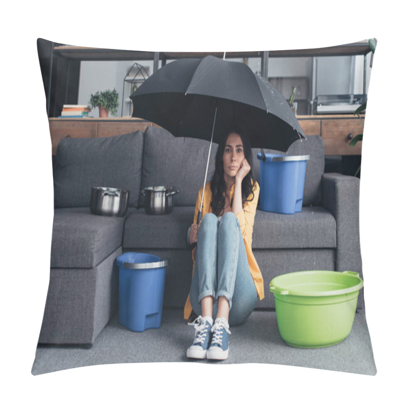 Personality  Pensive Brunette Girl Sitting On Floor With Umbrella Pillow Covers