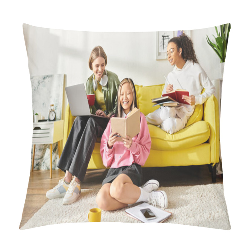 Personality  A Diverse Group Of Teenage Girls Sit Closely Together On A Vibrant Yellow Couch, Engrossed In Studying And Deep In Conversation. Pillow Covers