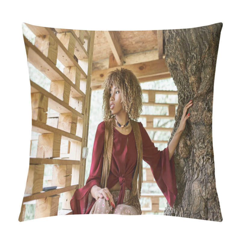 Personality  Young And Dreamy African American Woman Looking Away On Patio Of Retreat Center Pillow Covers