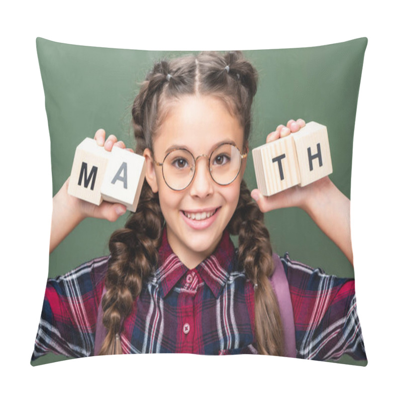 Personality  Portrait Of Schoolchild Holding Wooden Cubes With Word Math Near Blackboard Pillow Covers