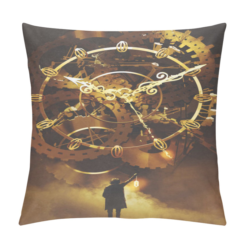 Personality  Man With A Lantern Standing In Front Of The Big Golden Clockwork Pillow Covers