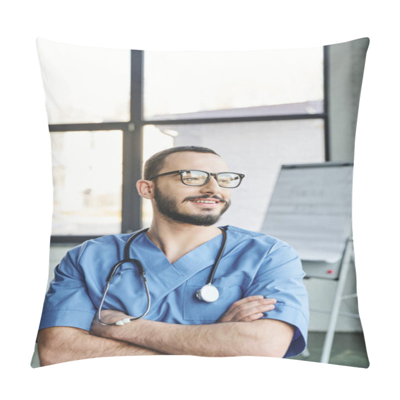 Personality  Happy Bearded Medical Instructor In Eyeglasses, Blue Uniform And Stethoscope On Neck Crossing Arms And Looking Away In Training Room, First Aid Training Seminar And Emergency Preparedness Concept Pillow Covers