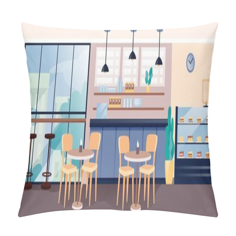 Personality  Modern Cafe Interior Design. Empty Cosy Cafeteria With Coffee And Cakes Vector Illustration. Counter, Shelves With Cups, Display Of Sweet Cakes, Tables With Chairs, Window View Pillow Covers