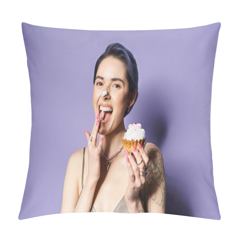 Personality  Young woman with short blue hair holding cupcake in front of mouth, dressed in silver party attire. pillow covers