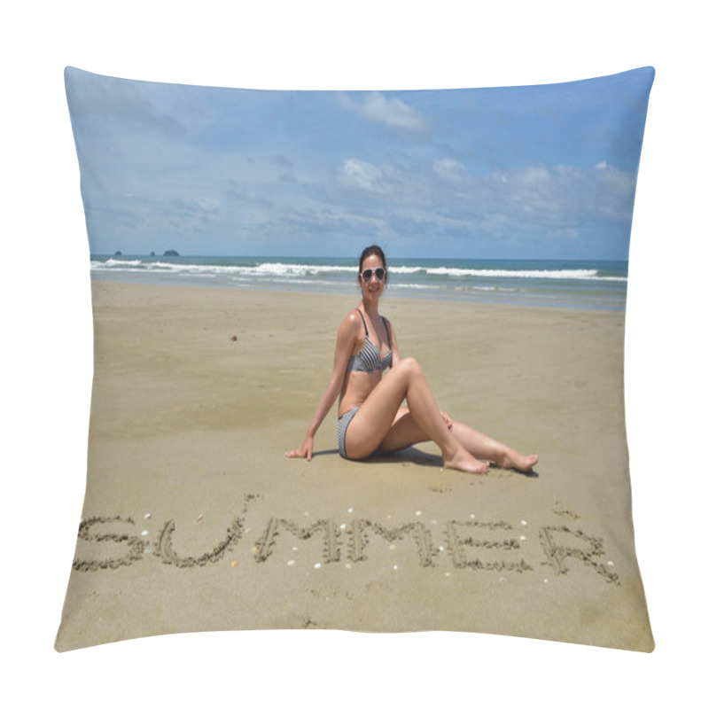 Personality  A Girl In A Swimsuit Sits On A Deserted Sandy Beach Next To The  Pillow Covers