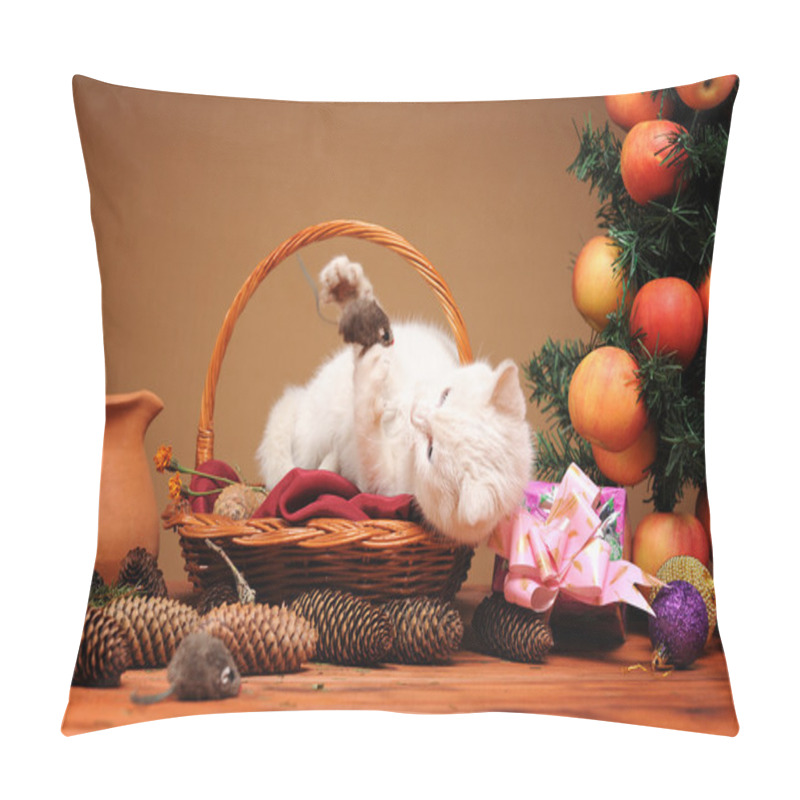 Personality  White Cat Playing With A Plush Mice Pillow Covers