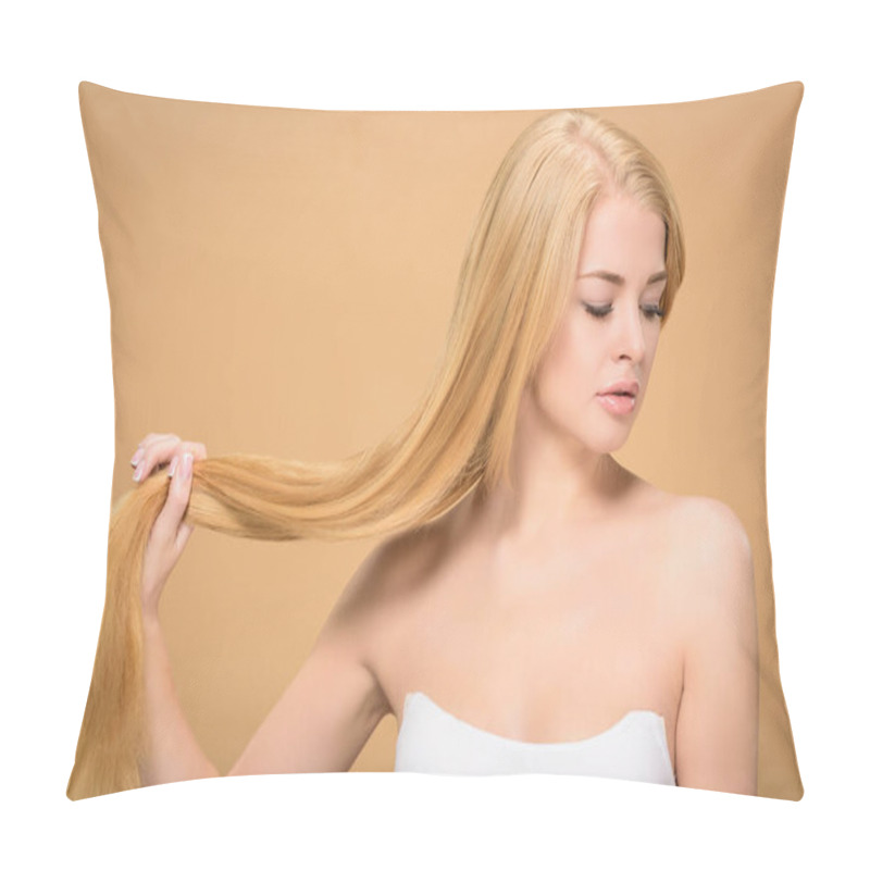 Personality  Attractive Young Woman Holding Blonde Hair In Hand  Pillow Covers