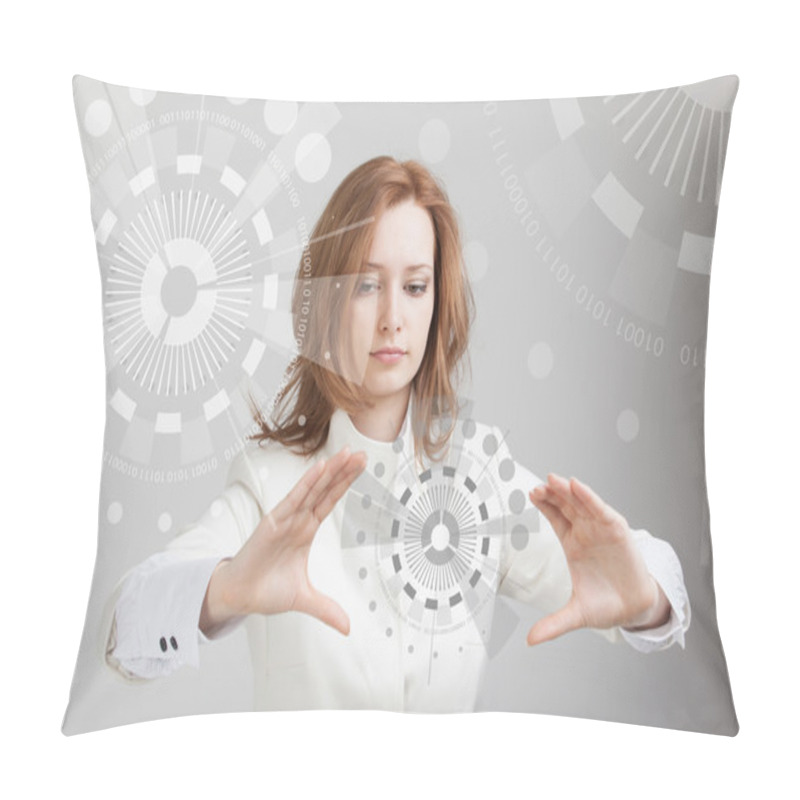 Personality  Future Technology. Woman Working With Futuristic Interface  Pillow Covers