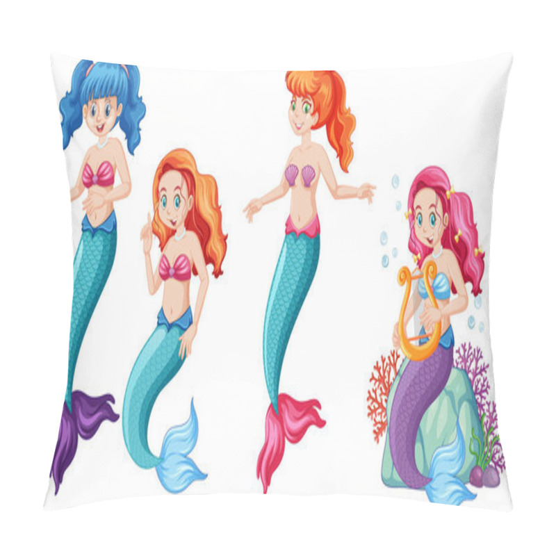 Personality  Set Of Cute Mermaids Cartoon Character Cartoon Style On White Backgroun Pillow Covers