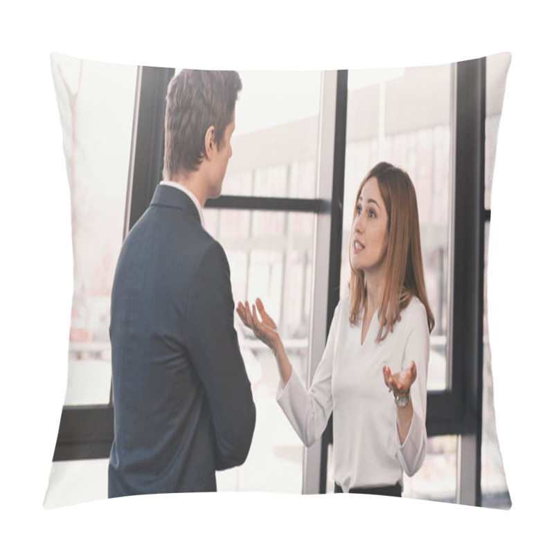 Personality  Emotional Woman Gesturing During Job Interview With Businessman In Office Pillow Covers