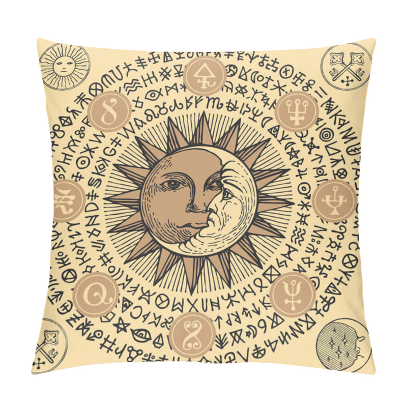 Personality  Vector Illustration With Sun, Crescent Moon And Alchemical Symbols In Retro Style On The Beige Background. Hand-drawn Banner With Esoteric Signs And Magic Runes Written In A Circle Pillow Covers