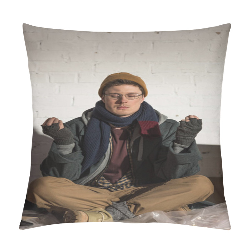 Personality  Homeless Man Sitting In Lotus Pose With Closed Eyes Near White Brick Wall Pillow Covers