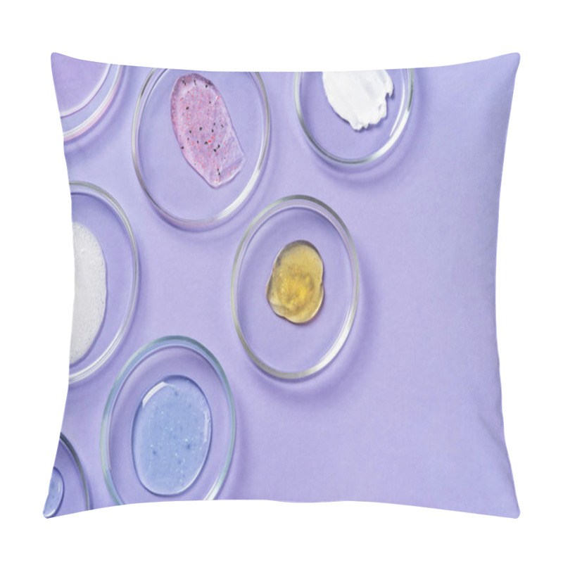 Personality  Cosmetic Products, Scrub, Face Serum And Gel In Many Petri Dishes On A Pink Background. Cosmetics Laboratory Research Concept. Pastel Violet Background Pillow Covers