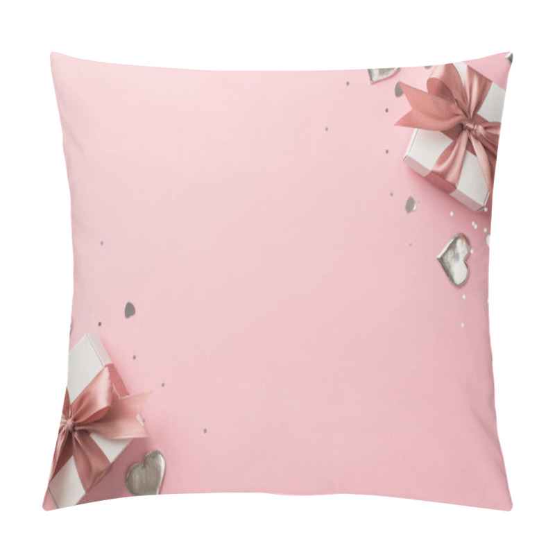 Personality  Top View Photo Of White Gift Boxes With Pink Bows Silver Decorative Hearts Sequins And Heart Shaped Confetti On Isolated Pastel Pink Background With Empty Space Pillow Covers