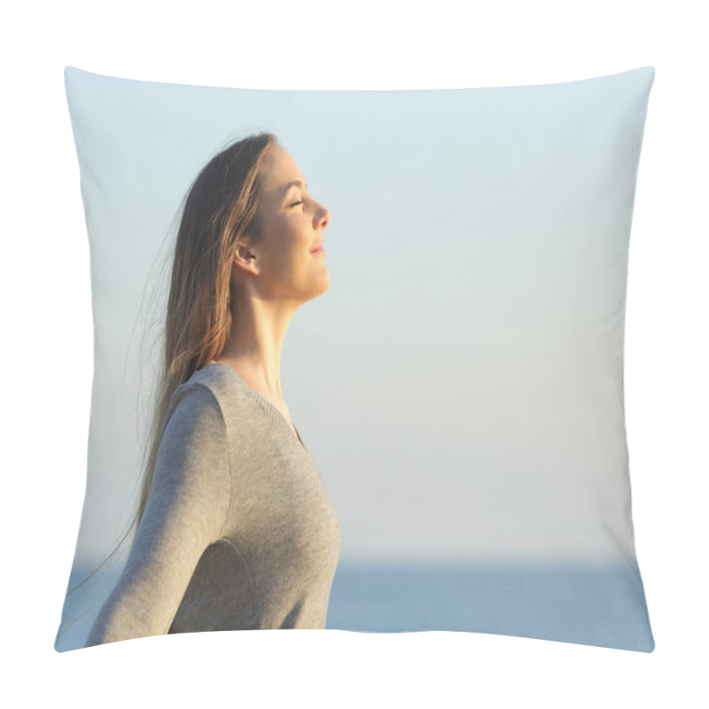 Personality  Side View Portrait Of A Relaxed Woman Breathing Fresh Air On The Beach Pillow Covers