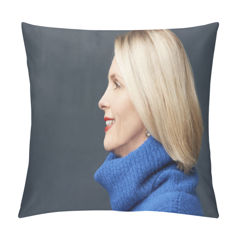 Personality  Face Profil Of Beautiful Elderly Woman Standing At Dark Background And Smiling Pillow Covers