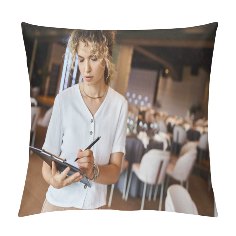 Personality  Concentrated Event Organizer Writing Checklist On Clipboard Near Festive Tables In Banquet Hall Pillow Covers