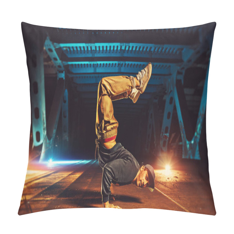 Personality  Young Cool Man Break Dancer Standing On Hands Upside Down. Urban Bridge With Cool And Warm Lights Background. Pillow Covers