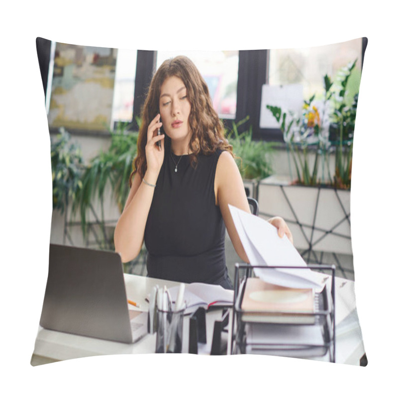 Personality  A Young, Plus Size Woman Engages In A Phone Conversation While Managing Documents In A Bright Office. Pillow Covers