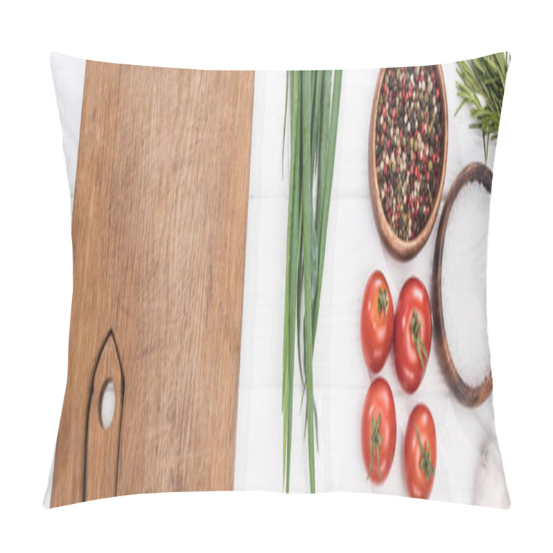 Personality  Panoramic Shot Of Wooden Chopping Board, Garlic, Salt, Cherry Tomatoes, Spices And Greenery   Pillow Covers