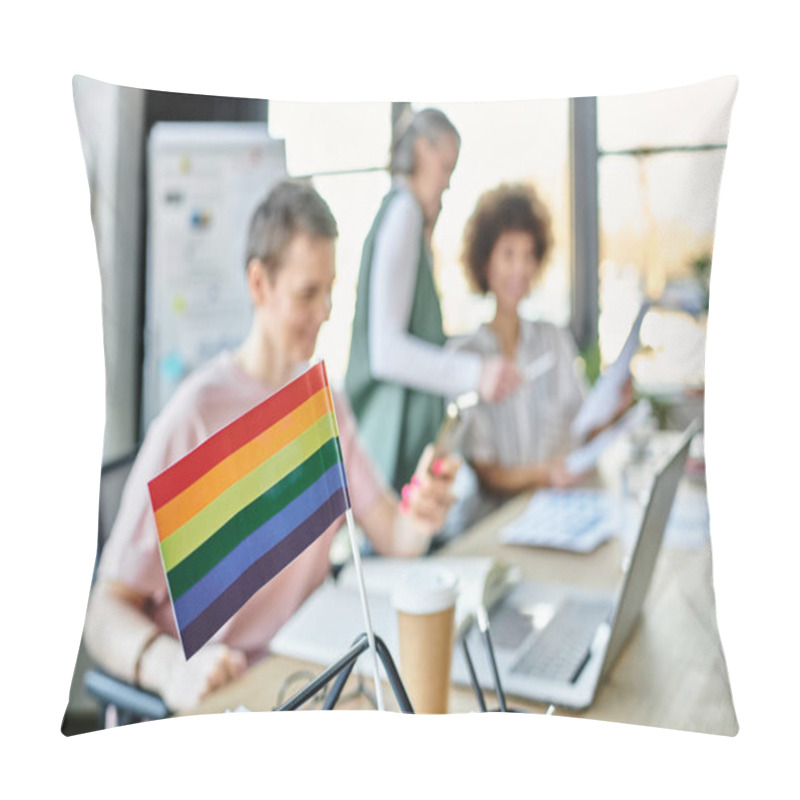 Personality  Focus On Rainbow Flag Displayed On Office Table In Front Of Blurred Dverse Businesswomen. Pillow Covers