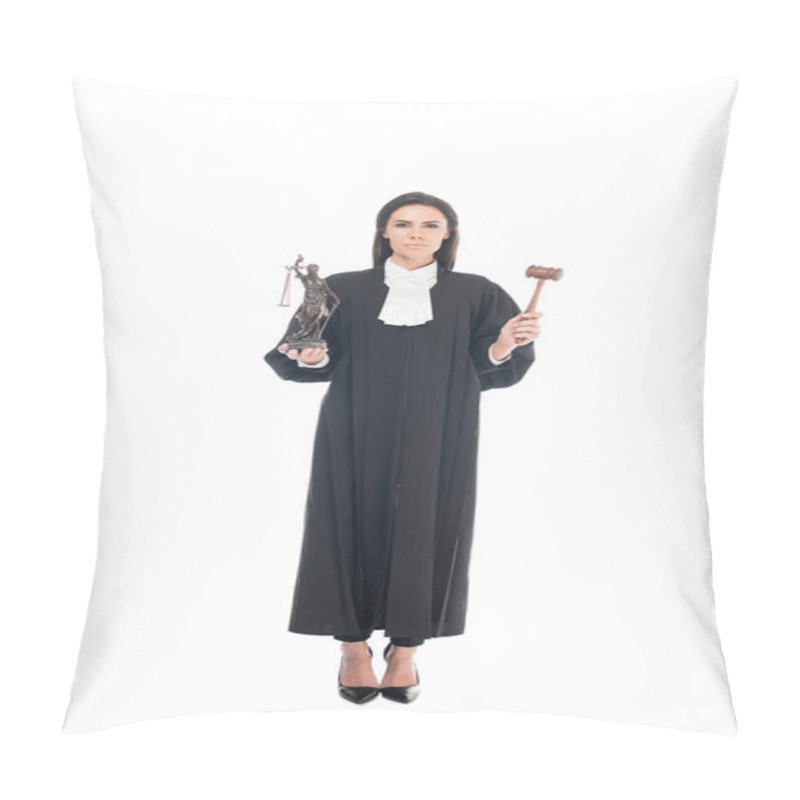 Personality  Full Length View Of Judge In Judicial Robe Holding Gavel And Themis Figurine Isolated On White Pillow Covers