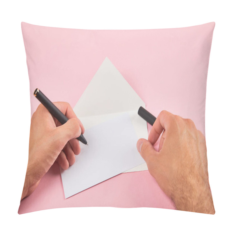 Personality  Cropped View Of Man Writing With Pen On White Empty Card Near Envelope On Pink Background Pillow Covers