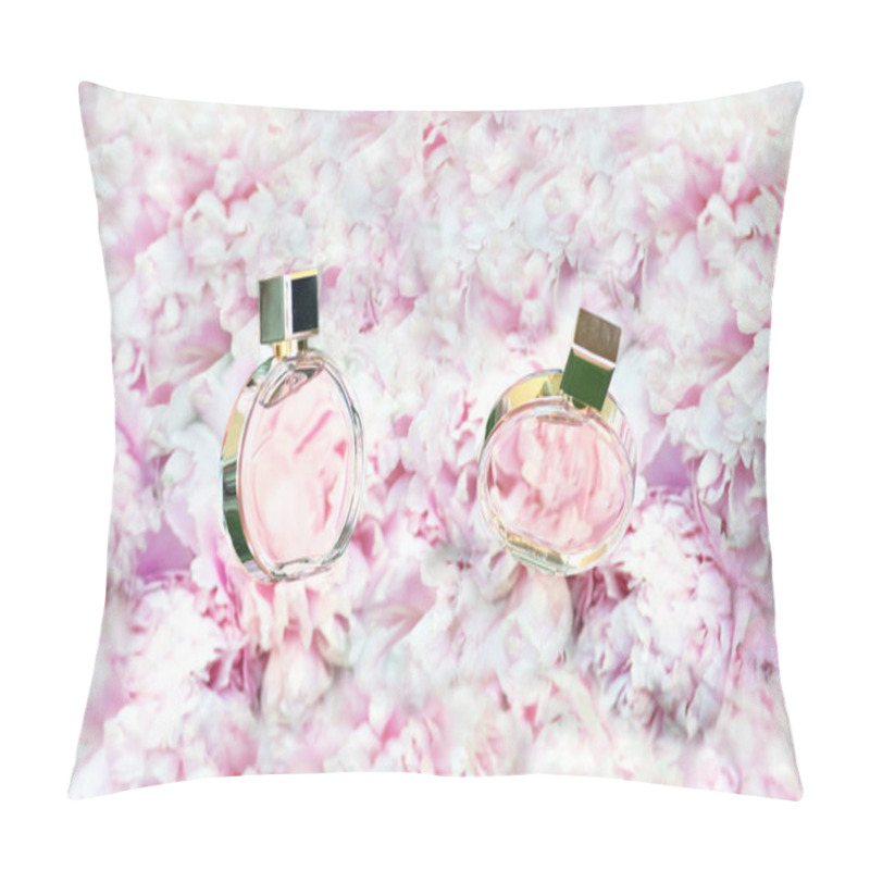 Personality  Rotating Perfume Bottles On Pink Flowers Peonies Background With Copy Space. Perfumery, Cosmetics, Female Accessories, Fragrance Collection. Delicate Perfume Bottle. Pillow Covers