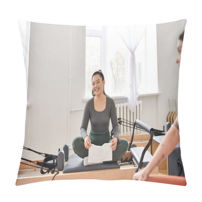 Personality  Attractive Women Taking Break During Pilates Lesson In Gym. Pillow Covers