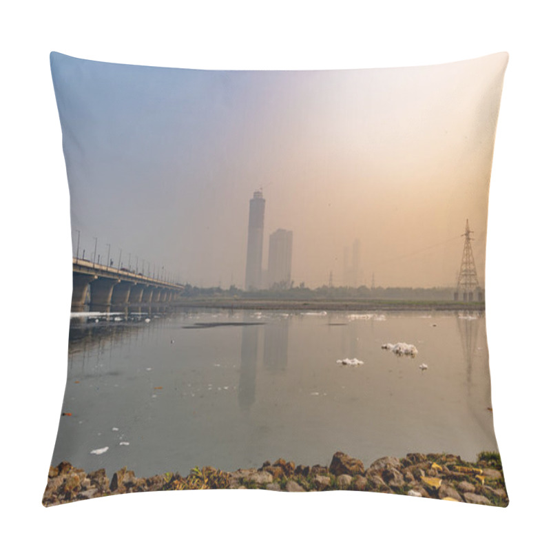 Personality  Foggy City With Road Bridge And Industrial And Domestic Effluents Toxic Foam In Contaminated River At Dramatic Sunrise Image Is Taken At Yamuna River Okhla Barrage Delhi India. Pillow Covers