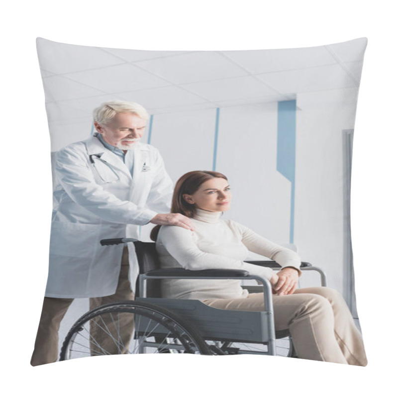 Personality  Senior Doctor Touching Shoulder Of Disabled Patient In Wheelchair In Client Pillow Covers