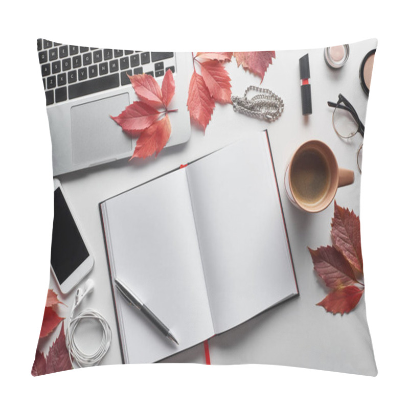 Personality  Top View Of Laptop Near Smartphone, Coffee Cup, Cosmetics, Earphones, Glasses, Notebook And Red Leaves Of Wild Grapes On White Table Pillow Covers