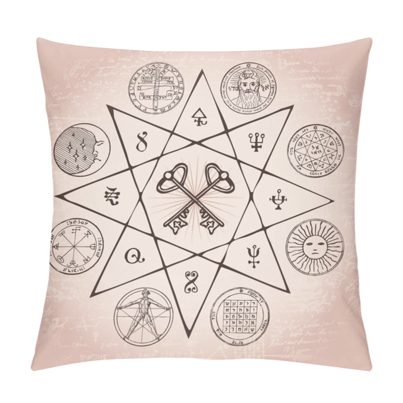 Personality  Vector Banner On The Theme Of Mysticism, Magic, Religion And The Occultism. Hand Drawn Illustration Of A Grail And Other Esoteric And Masonic Symbols On The Background Of An Old Illegible Manuscript Pillow Covers