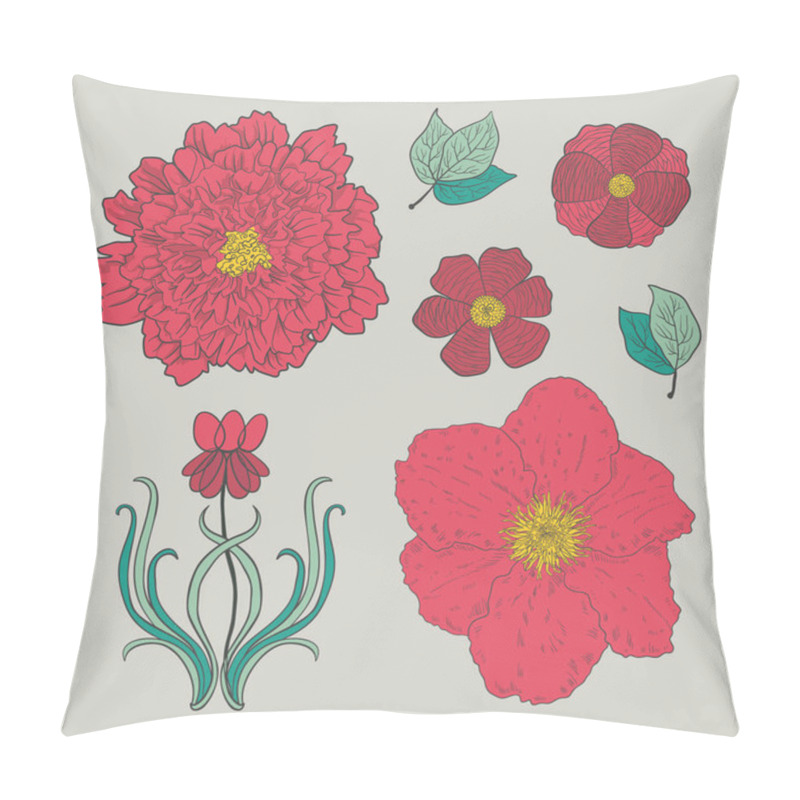 Personality  Set Of Hand Drawing Green Leaves, Pink And Red Flowers  Pillow Covers