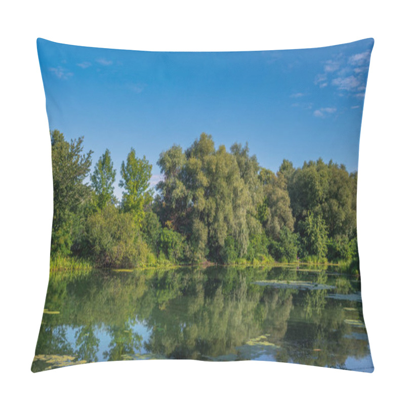 Personality  A Small River With Calm Waters And Flowering Water Lilies Along The Banks Flows In A Wooded Area. Beautiful Nature. Pillow Covers