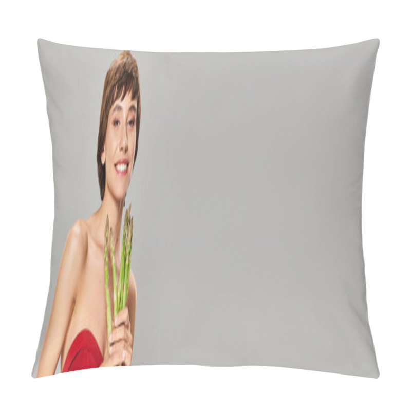 Personality  A Young Woman In A Radiant Red Dress Holds A Bunch Of Fresh Asparagus. Pillow Covers