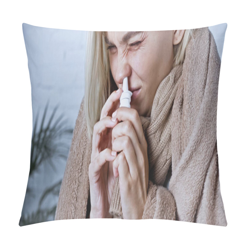 Personality  Sick Young Woman Frowning While Using Nasal Spray  Pillow Covers