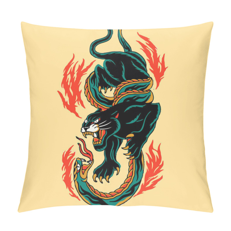 Personality  Black Panther Fight With Big Snake With Flames Pillow Covers