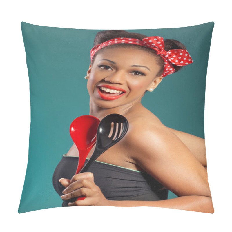 Personality  Beautiful Happy Joyful Pinup Style Housewife With Kitchen Utensi Pillow Covers